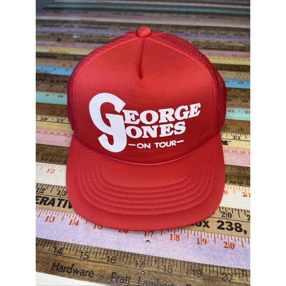 Vintage 1980s George Jones Country Music Merch Snapback Trucker Hat Red Mesh